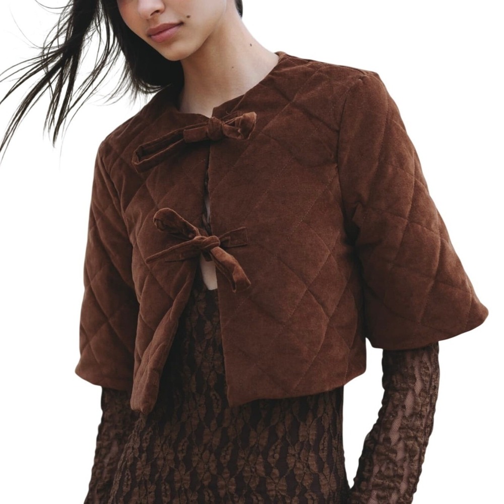 ZARA Quilted Velvet Cropped Tie Front Bow Short Sleeve Brown Jacket XS‎